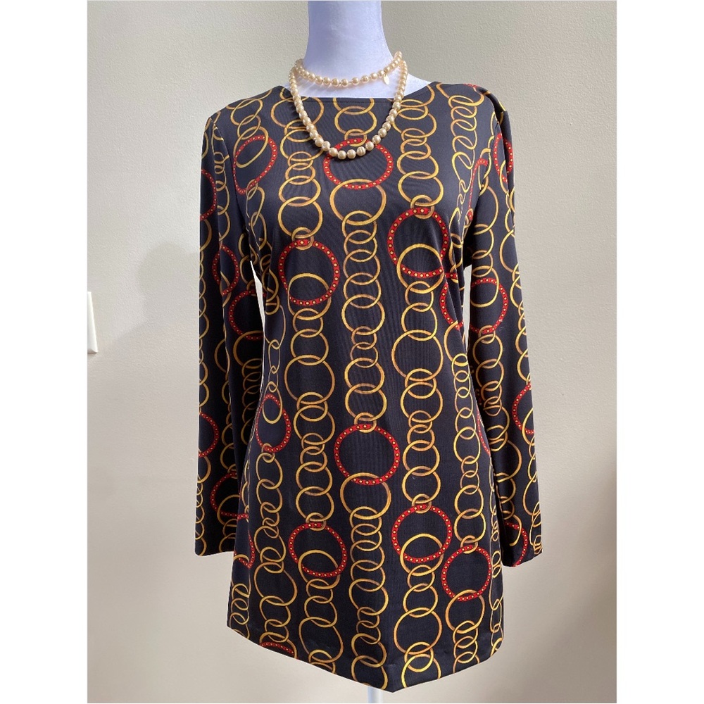 Julie Brown Black, Gold, & Red Ring Print Long Sleeve Dress